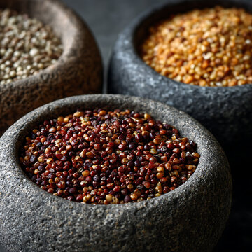 Small seeds of the grains tef, sorgam and freekeh