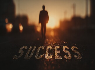 businessman walking on the road with the word "success" written in front of him, city background with sunlight and sun rays, stock photo, high-resolution photography.