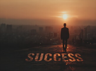 businessman walking on the road with the word "success" written in front of him, city background with sunlight and sun rays, stock photo, high-resolution photography.