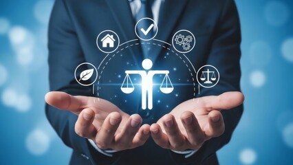 Digital Ethics & Responsible Leadership. Floating justice icons forming a balanced arc, communicating transparency, fairness, and ethical brand behavior.
