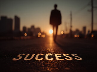 businessman walking on the road with the word "success" written in front of him, city background with sunlight and sun rays, stock photo, high-resolution photography.