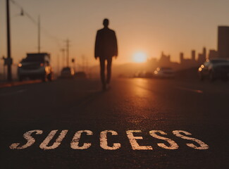 businessman walking on the road with the word "success" written in front of him, city background with sunlight and sun rays, stock photo, high-resolution photography.