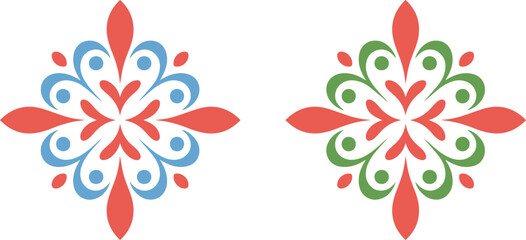 Symmetrical decorative floral embellishments in red blue and green