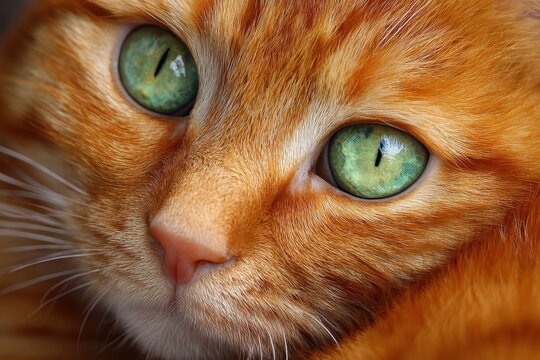 Cute orange cat with striking green eyes relaxing near a sunny window in a cozy living room during the afternoon