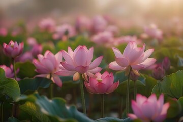 Obraz premium Beautiful pink lotus flowers are blooming in a pond, illuminated by the warm glow of the setting sun