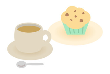 Cute Flat Coffee and Chocolate Chip Cupcake Vector Illustration