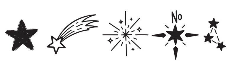 Fototapeta premium Set of black hand-drawn star doodles including a shooting star, constellation, sparkle, and North Star in a simple minimalist graphic illustration style for design elements