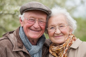 Happy elder couple enjoying a joyful moment together in a blooming garden during late spring