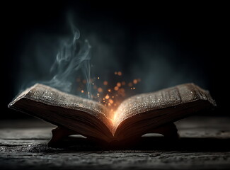 an open quran on an iron stand, glowing light emanating from it in the dark room, isolated black background.