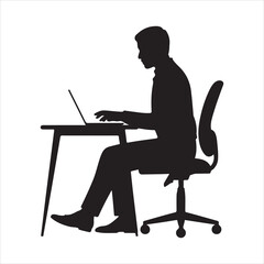 Fototapeta premium Businessman Working on Laptop Silhouette, Office Work Concept Isolated on White Background