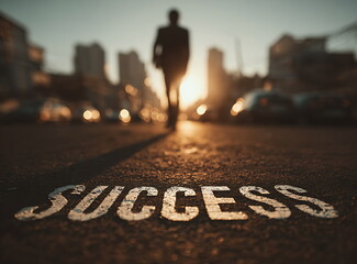 businessman walking on the road with the word "success" written in front of him, city background with sunlight and sun rays, stock photo, high-resolution photography.