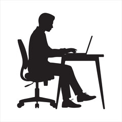 Businessman Working on Laptop Silhouette, Office Work Concept Isolated on White Background