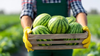 A farmer proudly carries a wooden crate filled with ripe watermelons on a sunny day. The vibrant field of crops surrounds him, showcasing a full harvest
