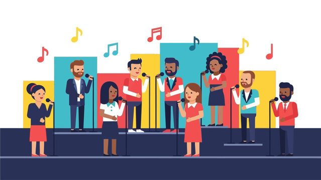 This flat design illustration showcases a diverse gospel choir performing enthusiastically on stage, symbolizing unity and praise at an international festival. 