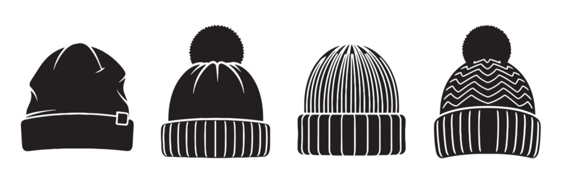 Set of four black winter beanie hats with different designs including pompoms and patterns, presented as a graphic vector illustration icon collection for cold weather apparel