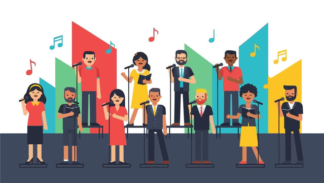 This flat design illustration showcases a diverse gospel choir performing enthusiastically on stage, symbolizing unity and praise at an international festival. 