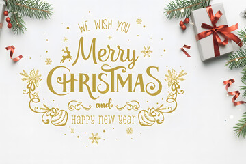 Merry Christmas text on white background with gift boxes, ribbons, red decoration, fir branches, bokeh, sparkles and confetti. Xmas and New Year greeting card, bokeh, light. Flat lay, top view