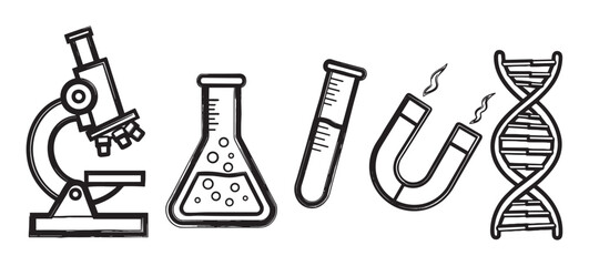 Hand-drawn scientific equipment icons featuring a microscope, laboratory flask, test tube, magnet, and DNA strand, illustrated in a simple black outline sketch style for research concepts