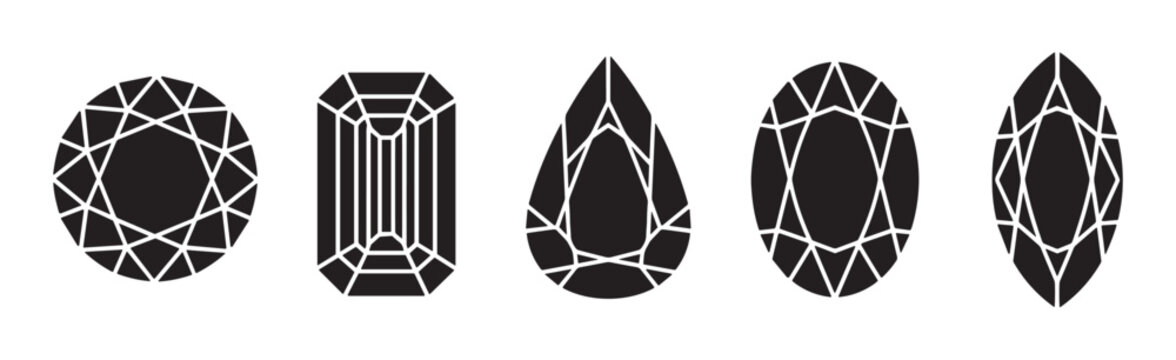 Collection of five black faceted gemstone icons with various shapes such as oval, emerald, pear, and marquise, illustrated in a simple, clean, monochrome style