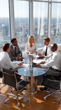 Strategic Insights: Business professionals engage in a focused meeting around a circular table, with a high-angle view that captures the urban landscape outside
