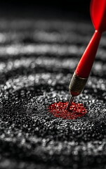 red dart hitting the bullseye on a black and white target, close-up of a red arrow hitting the center of a round target with space for text or design. unsplash photography style, stock photo.