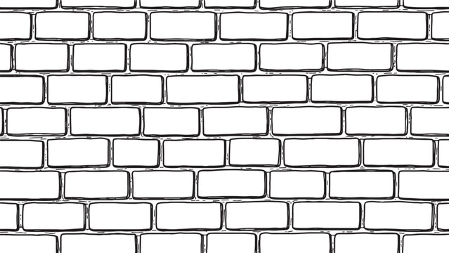Hand-drawn black and white brick wall pattern with a simple doodle style, featuring rectangular bricks with rounded corners arranged in a classic running bond layout for a graphic texture