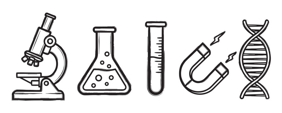 Set of hand-drawn science icons including a microscope, flask, test tube, magnet, and DNA helix in a black and white grunge sketch style illustration for educational concepts