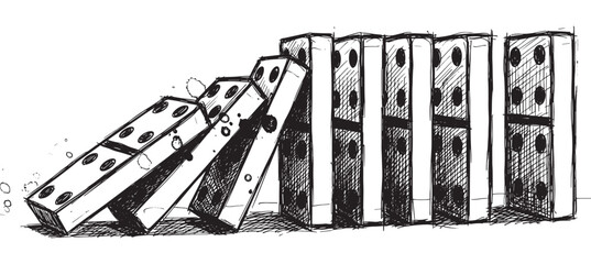 Row of hand-drawn black and white dominoes toppling over in a sequential chain reaction, a sketchy monochrome illustration representing the concept of consequence and collapse