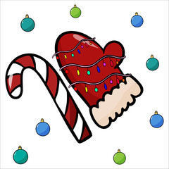 Vector color illustration of hand-drawn New Year s candy and red mitten on a white background