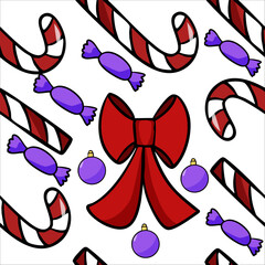 Vector seamless pattern hand drawn red Christmas bow with candies on white background