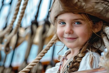 Little girl wearing pirate costume smiling on a ship