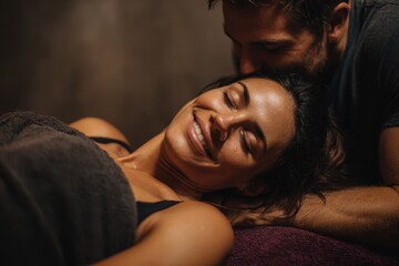 Relaxed couple enjoying a soothing herbal massage in a tranquil spa setting, capturing moments of intimacy and relaxation during their peaceful afternoon