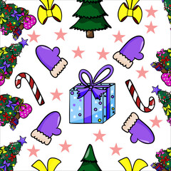 Vector seamless pattern hand drawn New Year s gift box in blue with purple mittens on white background