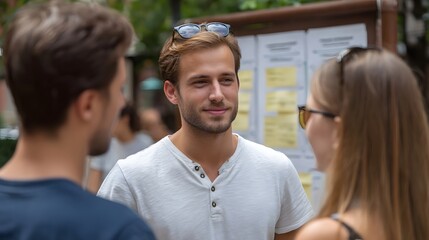 A group of three people are engaged in a lively conversation outdoors standing near a bulletin board with notes appearing friendly and connected