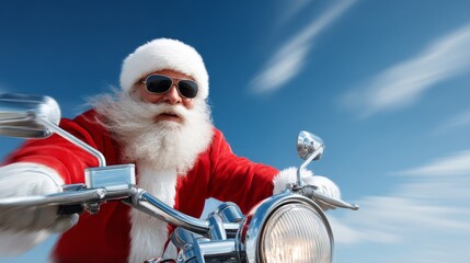 Dressed in his classic red suit and sunglasses, a cheerful Santa Claus rides a motorcycle against a vibrant blue sky. The wind rushes past as he embraces the thrill of the season and adventure