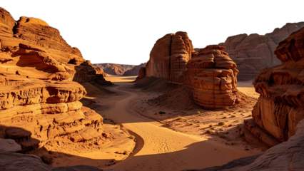 Dramatic sandstone canyon bathed in golden hour light with a winding path leading into the distance