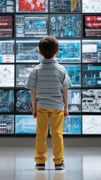 Curious Observer: A young child stands gazing intently at a wall of screens displaying a complex array of information, his curiosity piqued by the unseen contents. 