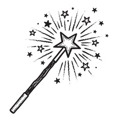 Obraz premium Black and white hand-drawn magic wand with a star tip casting a spell with a burst of sparkling stars and light rays in a simple, charming sketch illustration style