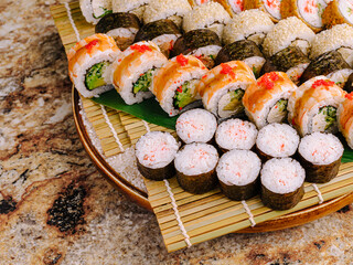 Delicious sushi platter arranged beautifully for a festive meal gathering