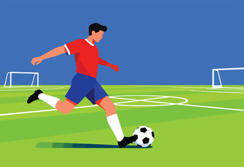 Fototapeta premium A simplified illustration shows a soccer player mid-kick, striking a black and white ball. Goals and field are in the background