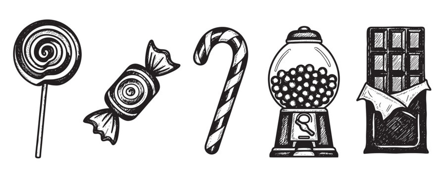 Set of hand-drawn candy illustrations featuring a lollipop, wrapped sweet, candy cane, gumball machine, and chocolate bar in a vintage black and white engraving style