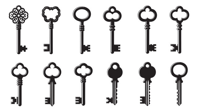 Collection of twelve vintage black keys with ornate and simple designs, showcasing a variety of antique skeleton key silhouettes and classic lock-opening tools in a graphic vector illustration