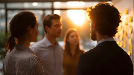 A diverse team of colleagues engages in a collaborative discussion by a window during a golden sunset in a modern office