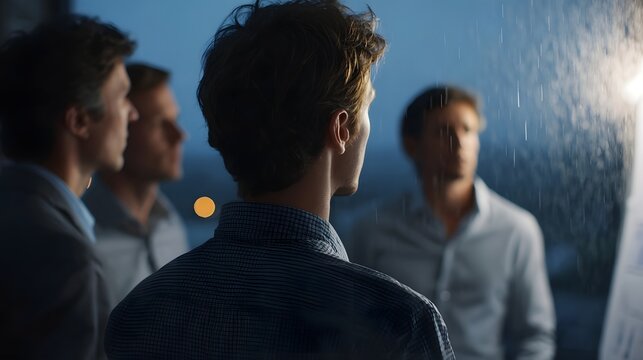 Four male colleagues in business attire gathered outdoors at twilight during a gentle rain focused on a presentation or analysis - Powered by Adobe