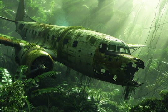 Old crashed airplane overgrown with vegetation in lush jungle environment