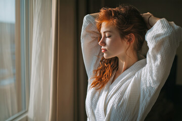 Smiling woman is enjoying her life. Happy lady in white bathrobe is standing next to the window in the morning. Positive female posing in a hotel. Travel concept