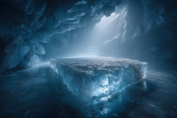 Frosted crystal pedestal rising from icy cave floor with blue fog and glowing ice walls