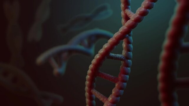 High quality medical 3D animation showing a rotating DNA double helix with particles floating in the background. Suitable for genetics, molecular biology, biotechnology, science research and medical.
