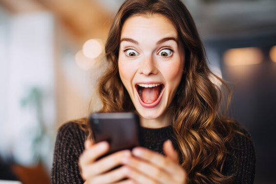Excited young woman with wide open eyes and mouth reacting joyfully while looking at her smartphone, close-up indoors, capturing surprise, great news, and positive emotions in a modern digital lifesty