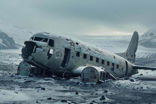 Solheimasandur plane wreck, a haunting reminder of a past incident, rests on a desolate black sand beach, snow covered and weathered, against a backdrop of icelandic mountains